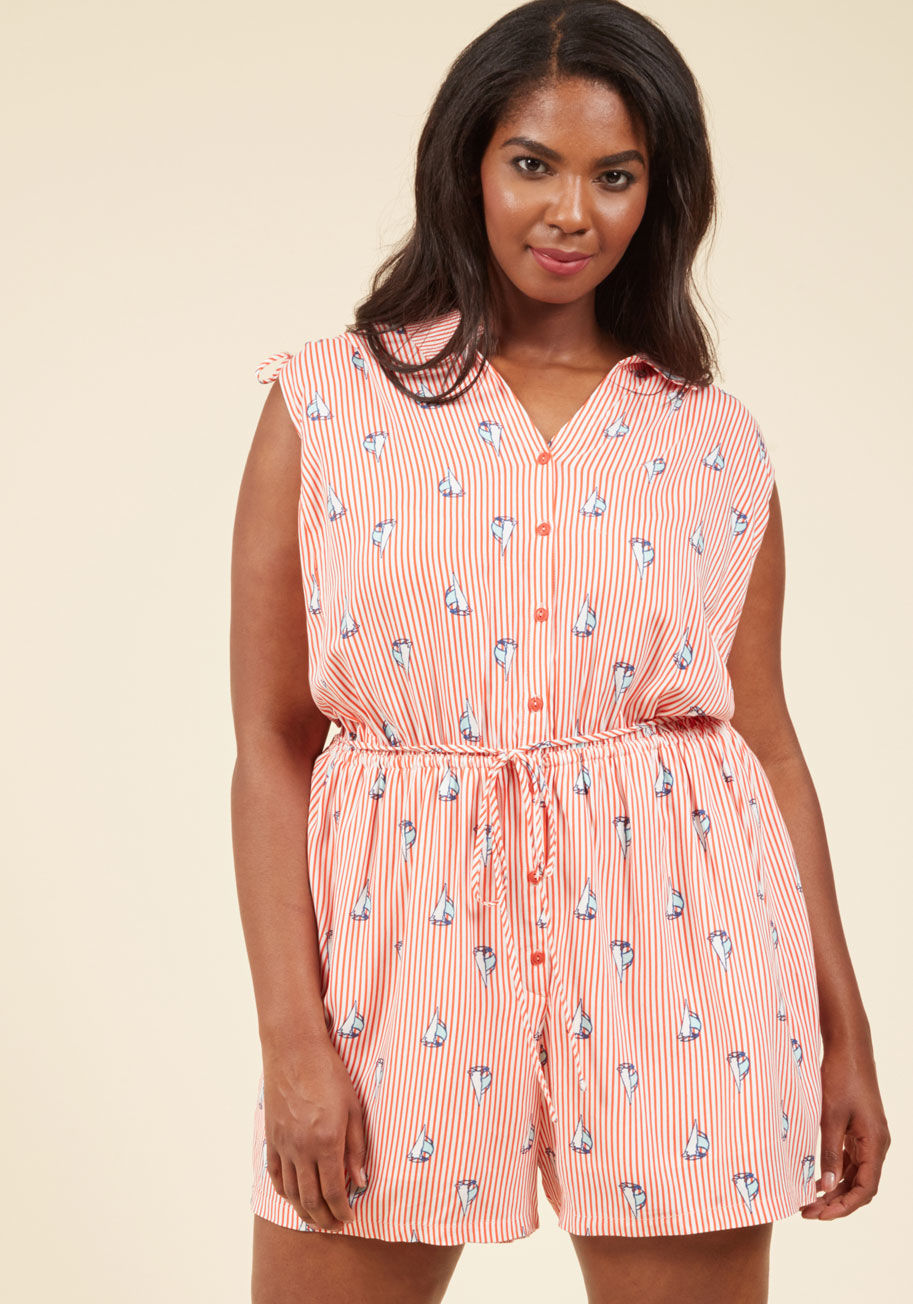 MCB1177 - You love a showstopping ensemble, so let this button-up romper from our ModCloth namesake label be your next great conversation piece! Tied shoulders, a drawstring waist, and a fleet of mint and white sailboats atop red and white stripes all ensure that t