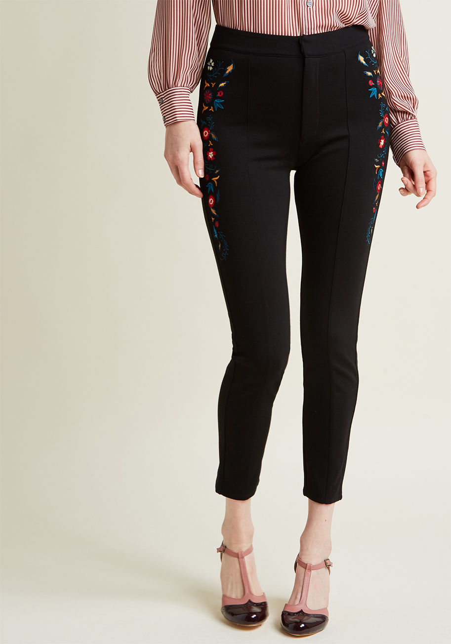 MCB1296 - Nobody can rock unique duds quite like you do, so parade these black ponte pants like the singular stylista that you are! Part of our ModCloth namesake label, these skinnies showcase trouser pockets and jewel-toned floral embroidery that vines down the th