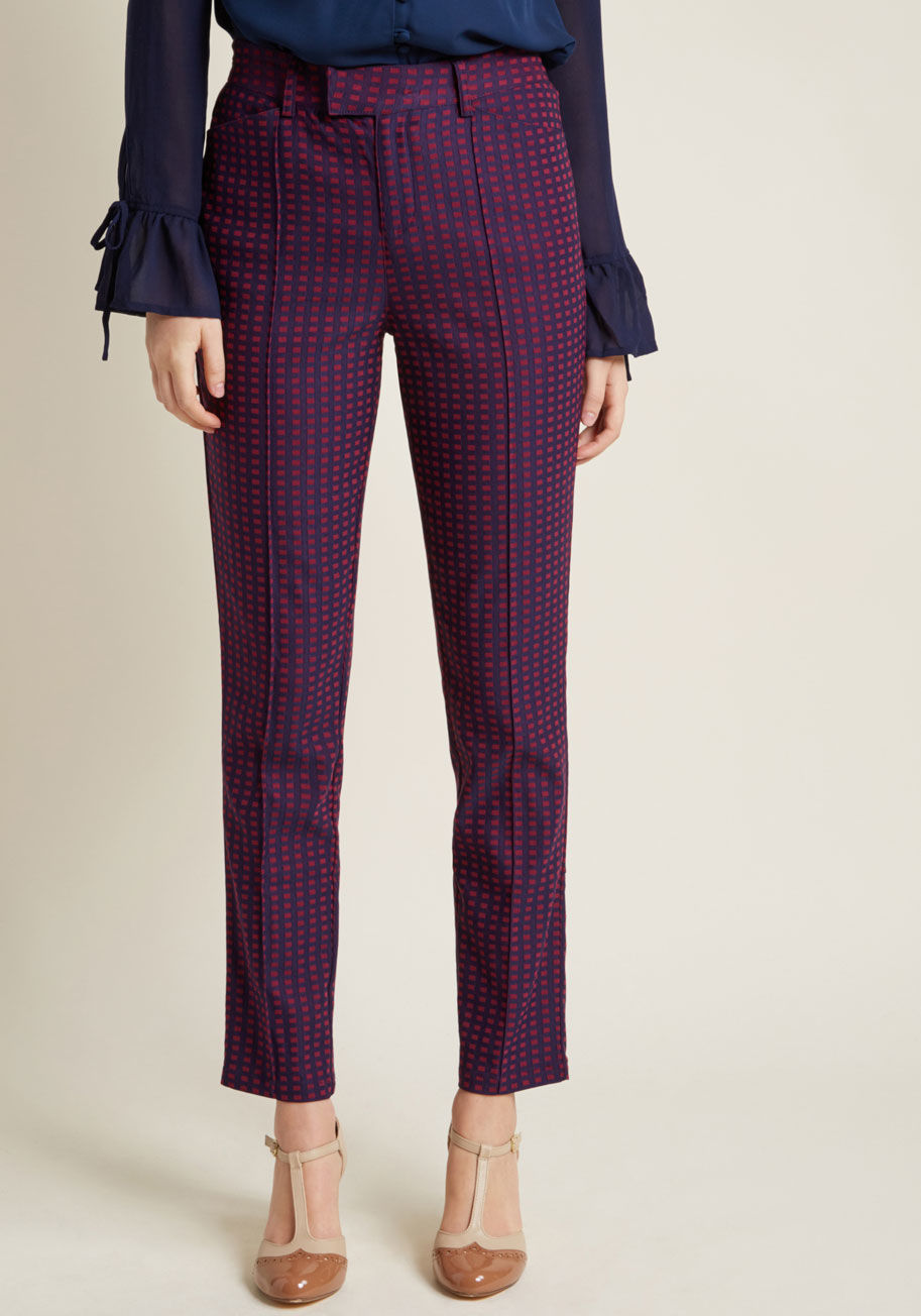 MCB1298 - If only every retro style could have the fresh feel that these women's trousers do! Part of our ModCloth namesake label, this pocketed pair uses statement-making details like a navy-and-fuchsia checker print, throwback front seams, and a straight-leg silh