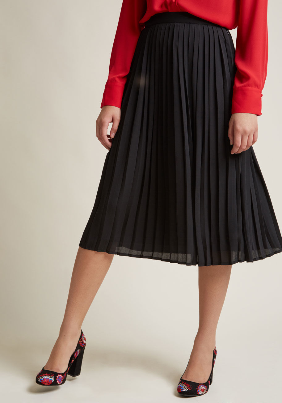 MCB1306 - This black midi skirt from our ModCloth namesake label will be quite 'pleats' to make your wardrobe's acquaintance! Though this style will begin as a brand new ensemble addition, its high waistline, chiffon fabric, and accordion-style folds will feel like