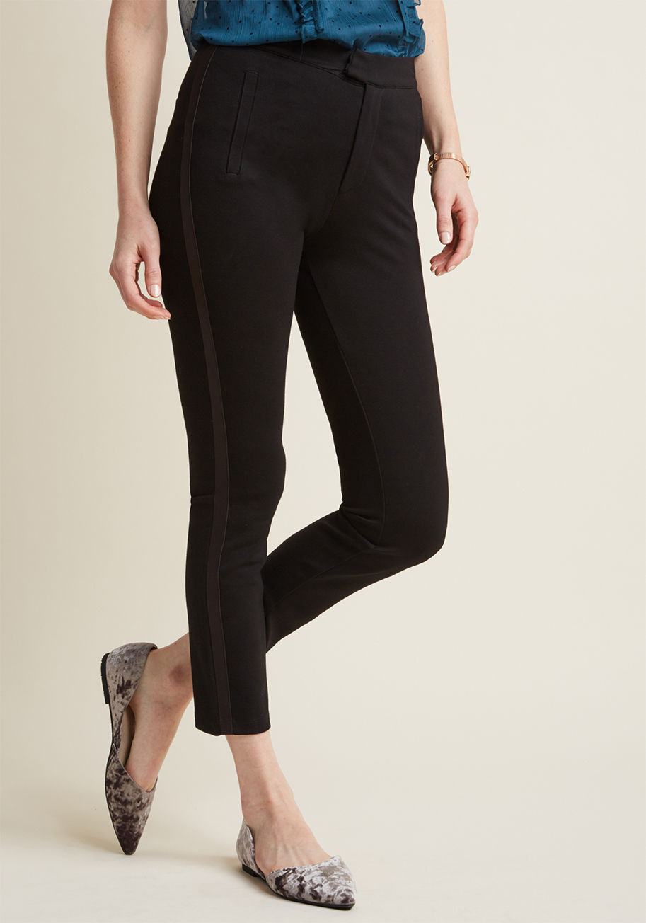 MCB1310 - Sleek, sophisticated, essential - that's what these black ponte pants have on offer, and it's only the beginning! A comfortable and polished option with their faux-pocket detailing and faux-leather tuxedo stripes down each side, these ModCloth namesake la