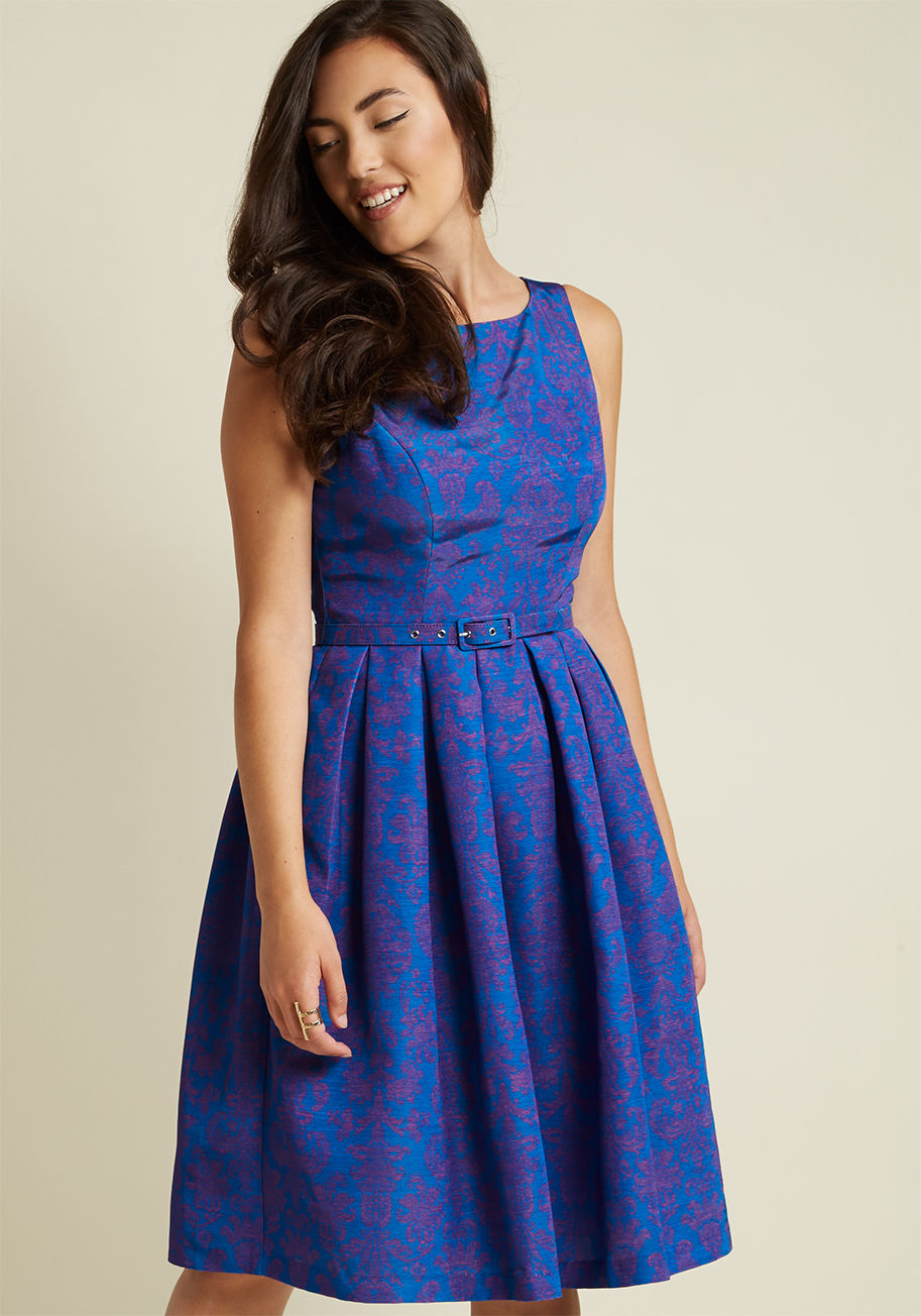 MCD1144A - You make your knack for loveliness especially apparent by slipping into this blue dress for a special occasion! Part of our ModCloth namesake label, this frock features a purple damask pattern amid jacquard fabric, with a sheen to its texture that practic