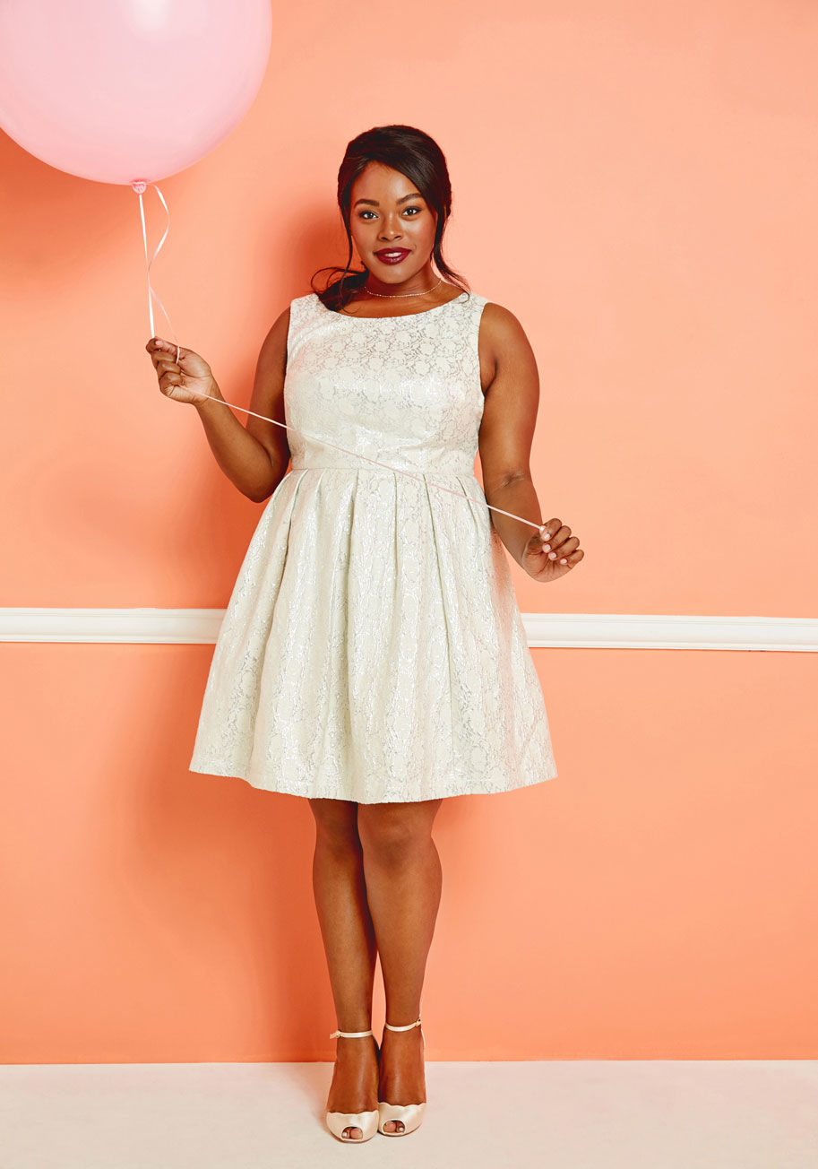 MCD1167 - This ivory floral dress was crafted from the care, appreciation, and perspective of bygone times. Even the most modern-minded gal will find a detail to adore on this ModCloth namesake label frock, from its beaded and rhinestone-touched neckline and metall