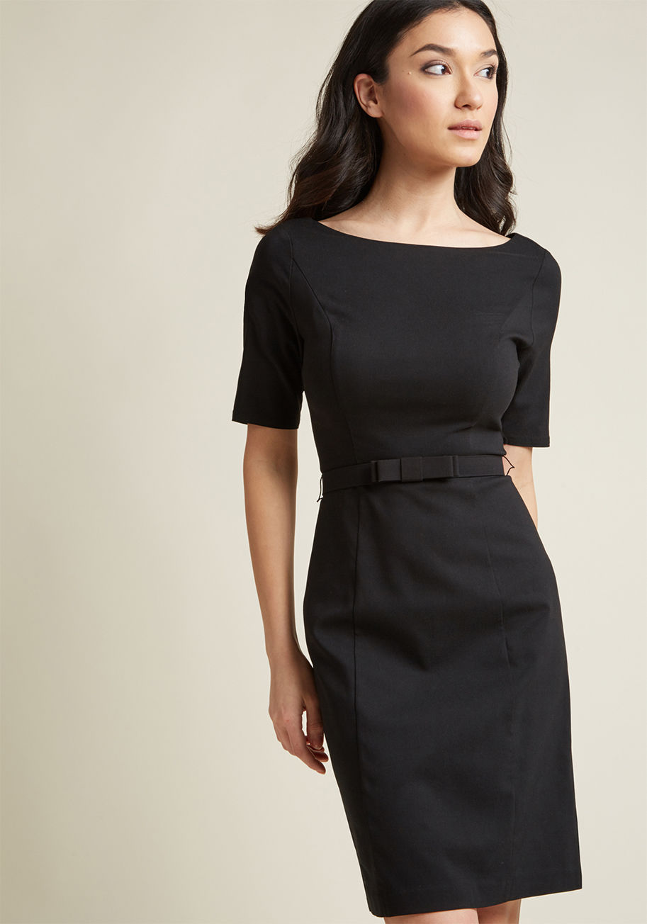 MCD1188 - You&rsquo;ve been longing for a look as lavish as this black sheath dress, and finally your wish has come true! Part of our ModCloth namesake label, this half-sleeved dress touts a bateau neckline, a bow-accented belt, a stretch millennium fabric, and opu