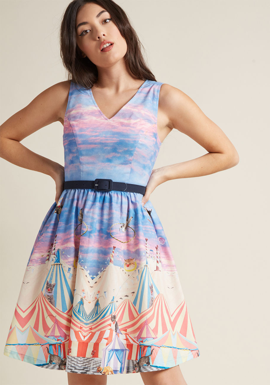 MCD1191D - Our favorite part of your personality is how it floods the room, and this cotton dress' fittingly character-filled print of circus kittens performing at sunset only helps your case! Part of our ModCloth namesake label, this belted A-line boasts a V-neck, 