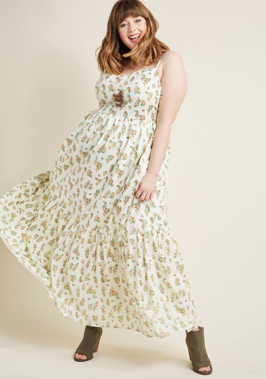 MCD1232A - Your attraction to this white maxi dress from this ModCloth namesake label is nothing short of instinctual! Perhaps it was the breathable cotton fabric of this tiered frock that caught your eye, or maybe its adorable pattern of prickly cacti detailing its