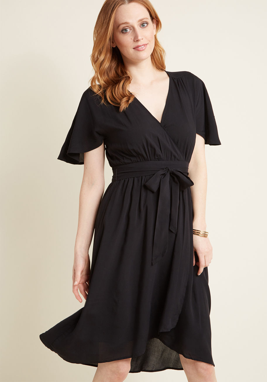 MCD1366 - Feeling like your radiance has returned? Thank this fabulous faux-wrap dress, which embodies utter romance! Part of our ModCloth namesake label, this woven frock features whimsical flutter sleeves, a sash topping its elasticized-back waist, and a versatil