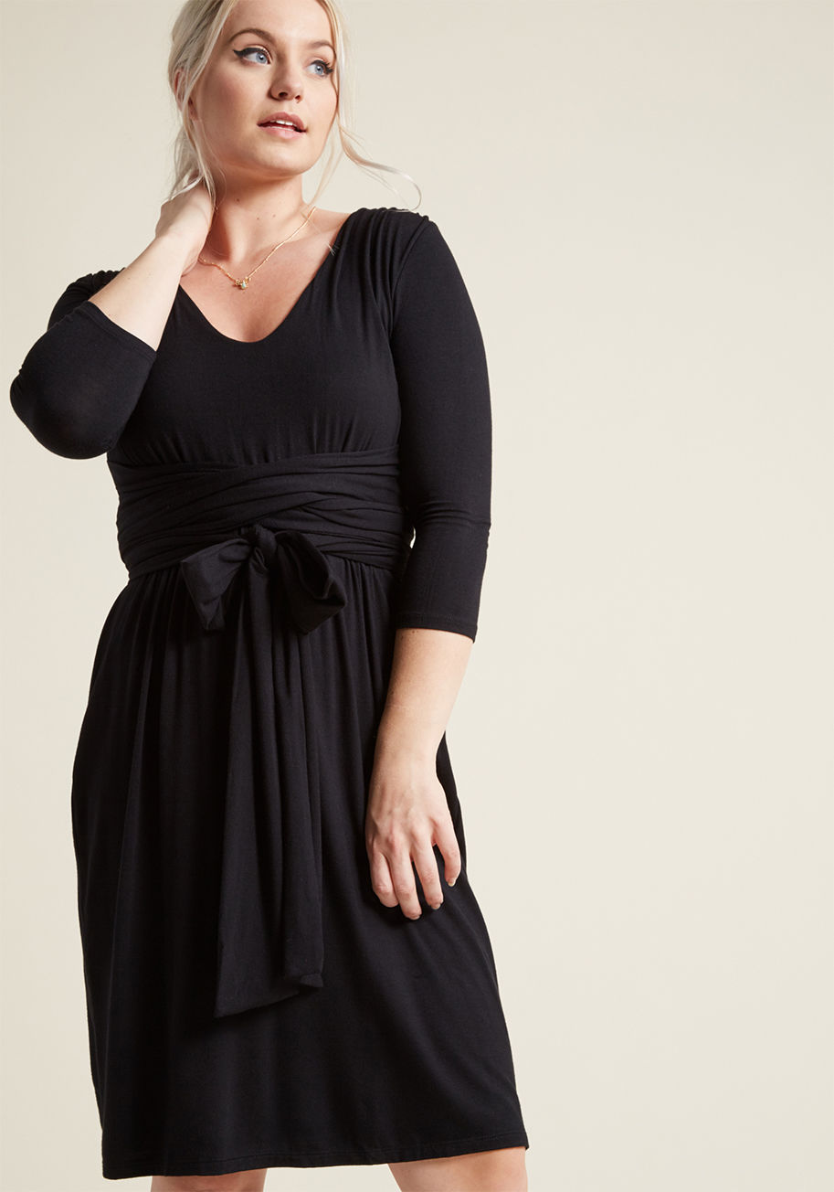 MCD1443 - This black dress from our ModCloth namesake label gives you every reason to book your social calendar solid! An A-line cut crafted from jersey knit fabric gives this frock comfortable appeal, as its deep V-neck, dramatic back keyhole, and lengthy wrapping