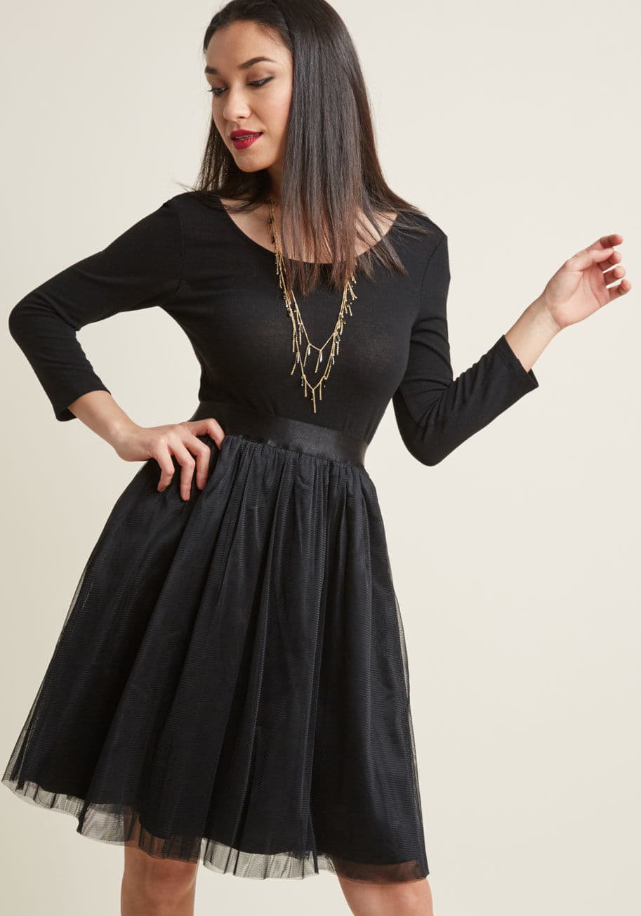 MCD1451 - The ballet-inspired style of this black dress from our ModCloth namesake label will bring about grace and effortlessness with every wear! Fans of this A-line frock will say 'plies' and thank you to discover where you found the scooped back, cropped sleeve