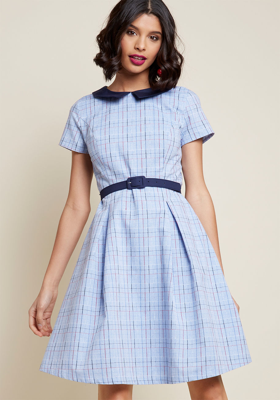 MCD1484 - Showcase your retro sensibilities far and wide by flaunting this sky blue dress anywhere and everywhere! This cotton darling from our ModCloth namesake label is polished as can be with its pointed navy collar made to match its sleek belt, its red, black, 