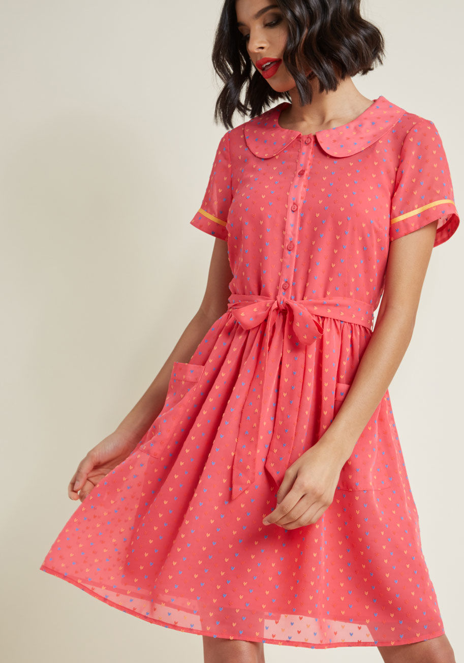 MCD1503 - Beginning your outfit with this bright pink shirt dress from our ModCloth namesake label ensures the day ahead will brim with confidence and class! Topped with clip dot-style hearts