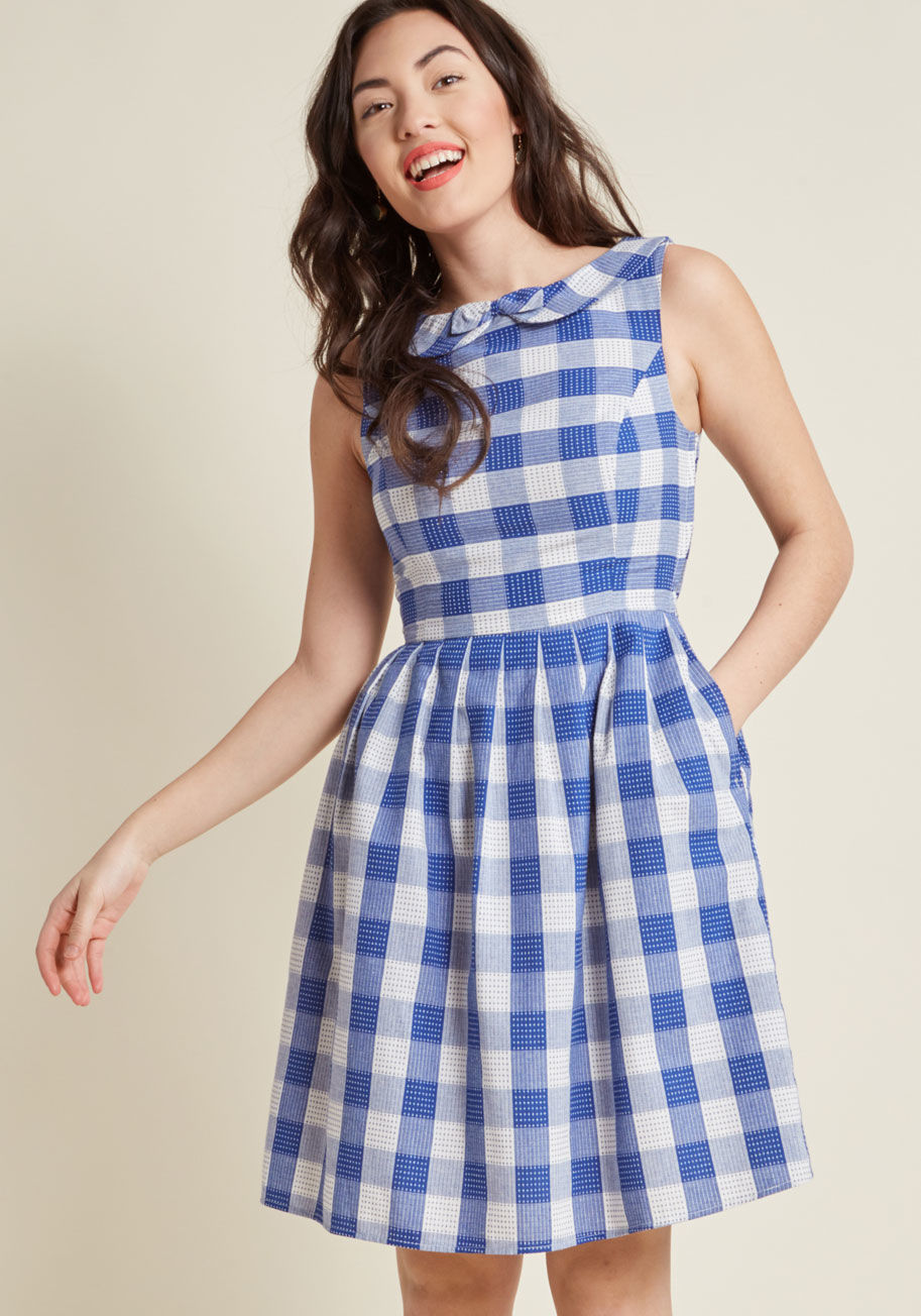 MCD1505 - Anywhere your presence is requested, the invitation extends to this cotton dress from our ModCloth namesake label! Given vintage-inspired flair with a dainty bow layered atop its Peter Pan collar, a tailored bodice, hidden pockets, and crisp pleats, this 