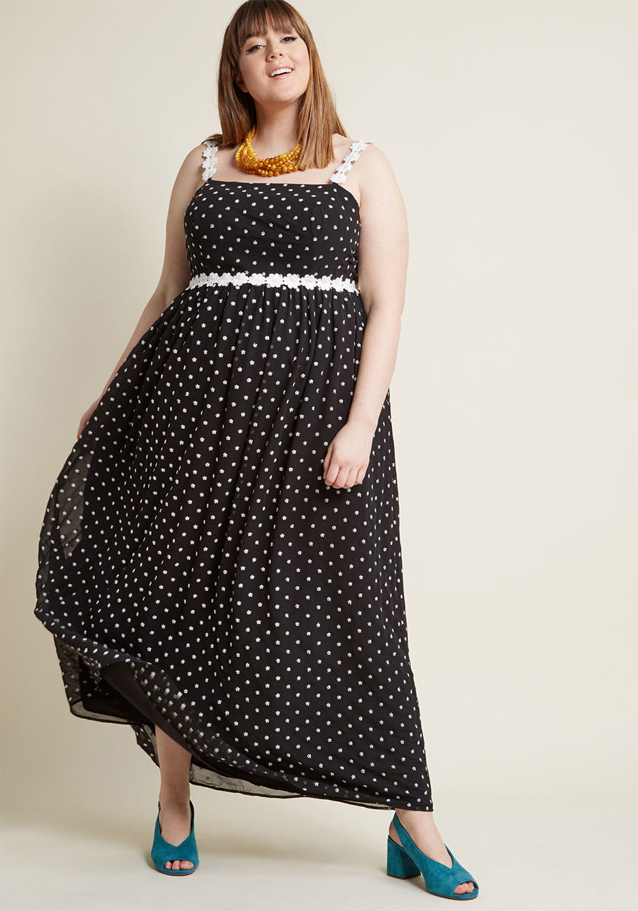 MCD1511 - Whether it's a daytime reception or an evening beneath colorful paper lanterns, this black maxi dress will keep you styled for any alfresco affair! This lovely number from our ModCloth namesake label touts a motif of white flowers