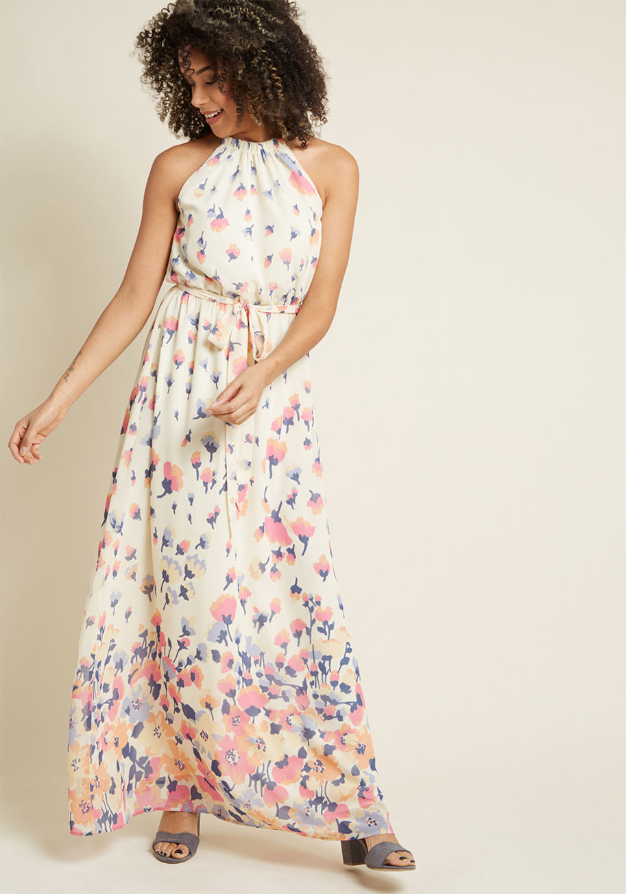 MCD1519A - Nothing can rival your glow, but this ivory maxi dress from our ModCloth namesake label sure comes close! Enlightening the area with its pastel pink, blue, yellow, orange, and navy florals, this high-neckline gown flaunts a tied back keyhole, a sash toppi