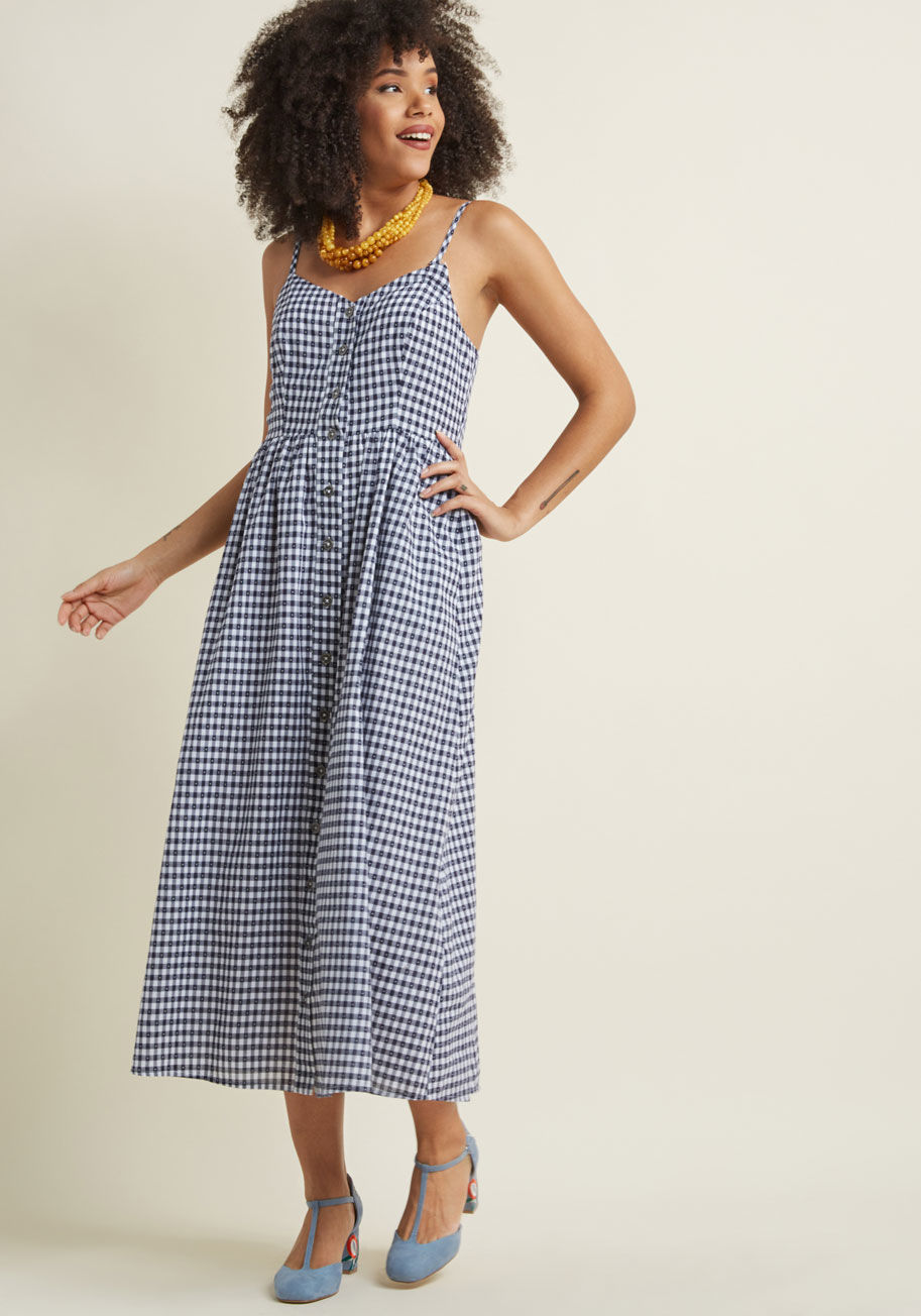 MCD1523 - While flaunting this cotton maxi dress from our ModCloth namesake label, there's no denying the effortlessness of your allure! Delicate straps and a sprinkling of white dots up the aesthetic of classic navy gingham frock, as its front pewter buttons punct