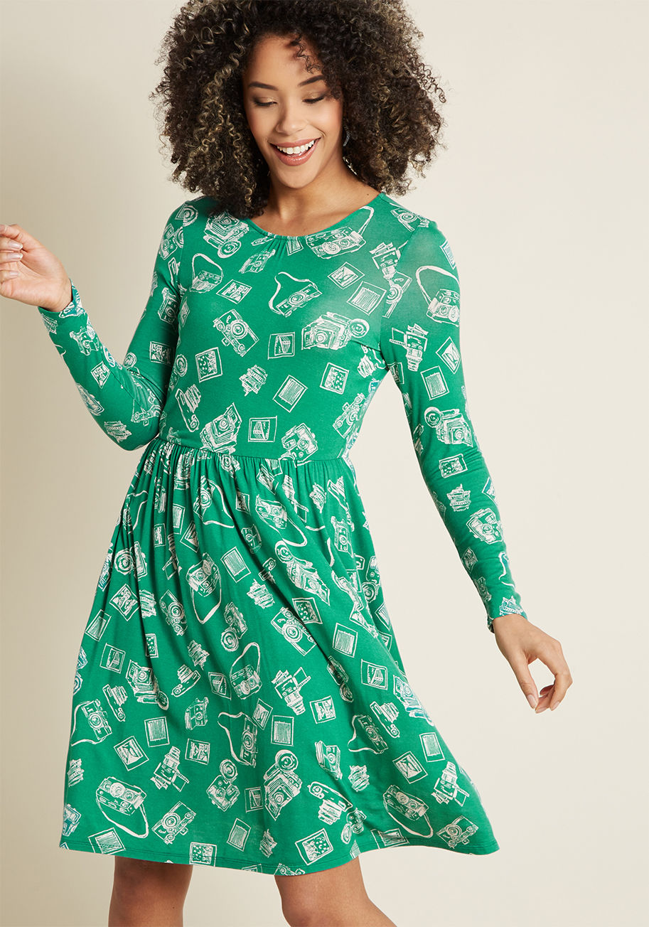 MCD1527 - If ever there was a garment dedicated to making you look and feel your best, it's this long sleeve dress from our ModCloth namesake label! Crafted from soft 'n' easy jersey knit, this green frock balances the effortlessness of a basic with the boldness of