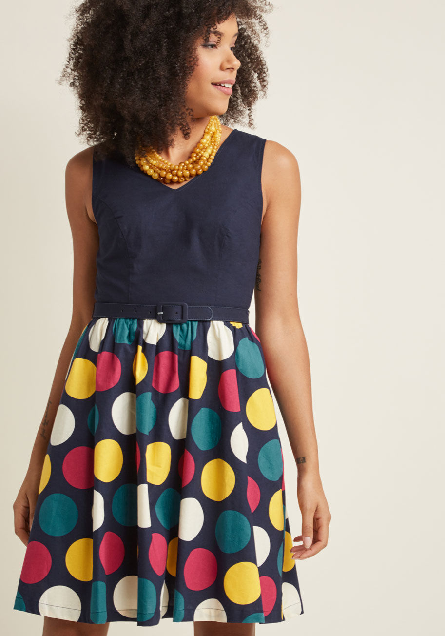 MCD1531 - Our favorite part of your personality is how it floods the room, and this cotton dress' fittingly character-filled print of bright polka dots only helps your case! Part of our ModCloth namesake label, this belted A-line boasts a V-neck, princess seams, an