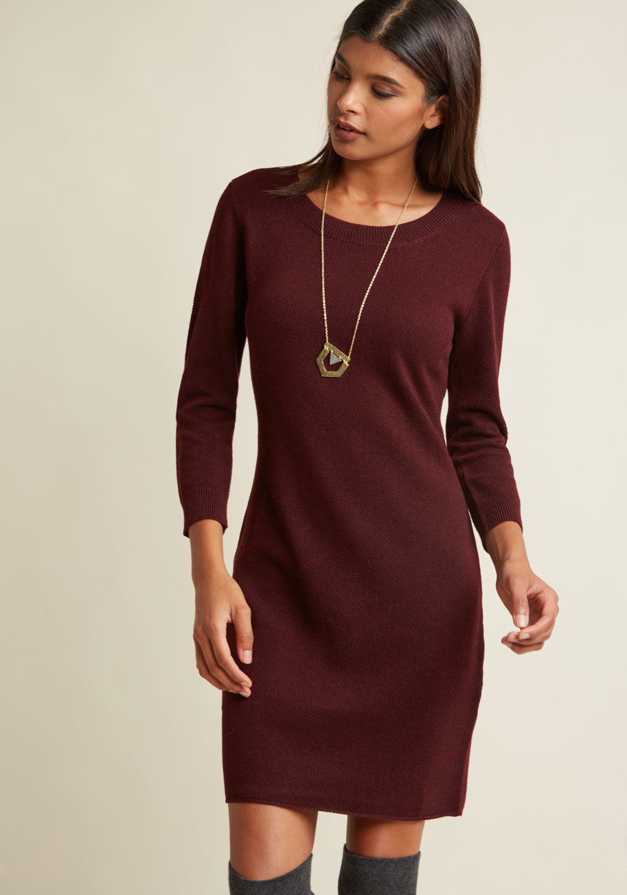 MCJH308150 - If it's out-of-the-ordinary basics that fill your days, then this burgundy sheath dress from Jack by BB Dakota speaks your language. Woven from a fine knit and touting 3/4-length sleeves, this simple, yet chic layering piece is a catch for date night