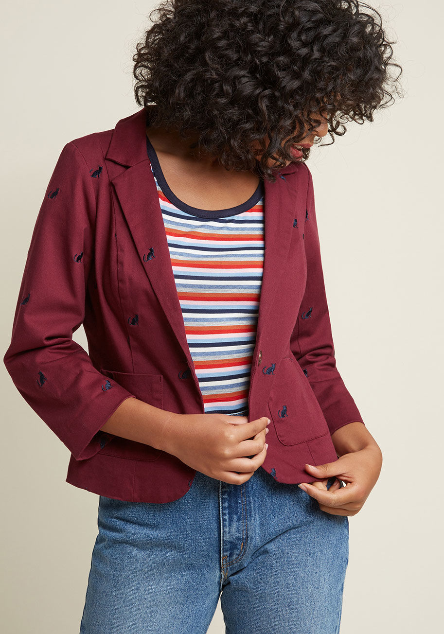 MCO1052A - Prowling around for an ensemble so epic it'll be remembered aeons from its debut? This burgundy blazer from our ModCloth namesake label should do the trick! Made from stretch-cotton twill, this patch-pocketed, crop-sleeved wonder is embroidered with petit