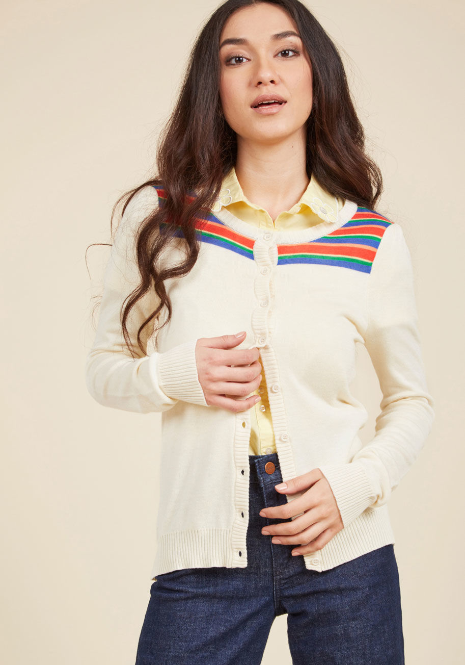 MCS1051 - While some believe there's nothing better than a solid button-up sweater, we challenge that notion with the details of this cardigan from our ModCloth namesake label! Amplifying the ivory hue of this lively layer are rainbow stripes and subtle gathering a