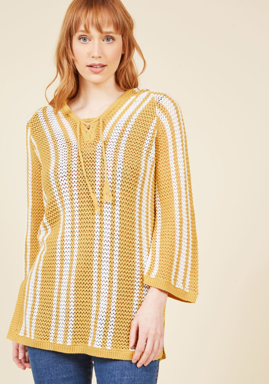 MCS1068 - From sipping homemade kombucha to crunching on custom s'mores, this mustard-and-white striped sweater always finds you outdoors and loving it! A free-spirited sampling from our ModCloth namesake label, this hooded knit flaunts a lace-up neckline, side ven