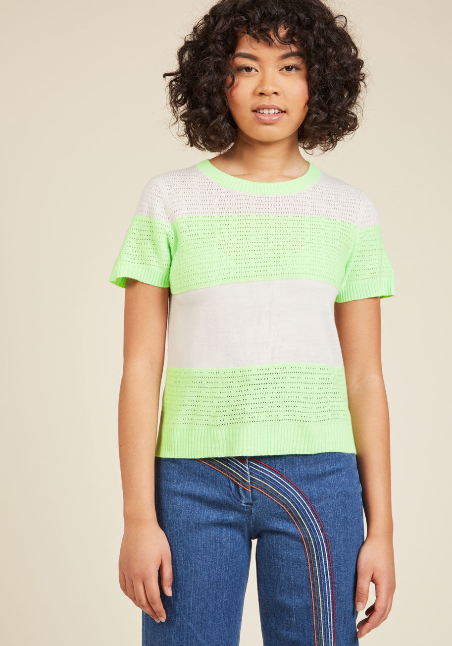 Mcs1069b - With this short-sleeved sweater on your frame, you can consider your smile here to stay! Alternating white and neon green hues atop its lightweight, pointelle-dotted knit, this ModCloth namesake label top takes the average afternoon and makes it exception