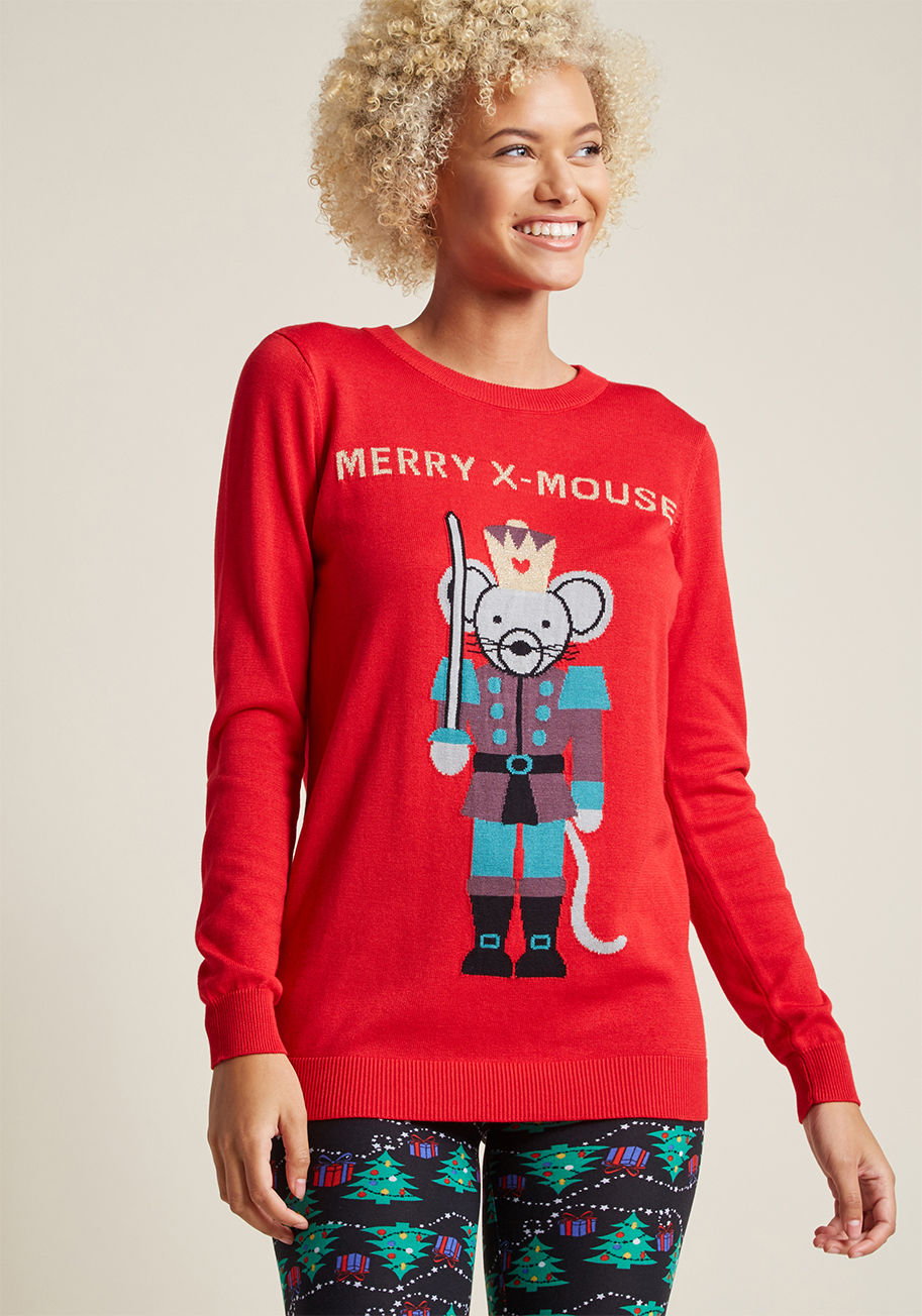 Mcs1134 - Deck your wardrobe with this red sweater from our ModCloth namesake label for the ultimate festive ensemble! The quirky message and crown of this mouse-centered piece shine with a little something special - metallic gold thread - ensuring your days of fla