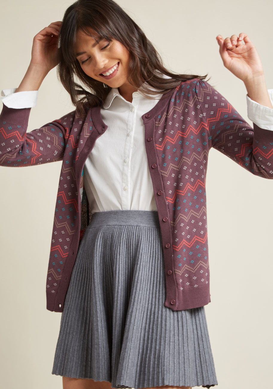 Mcs1143 - If your ensemble requests a sprinkle of something sweet, reply with this purple cardigan from our ModCloth namesake label! The cropped sleeves, chevron stripes, playful dots, and palette of taupe, grey, coral, and teal hues all imbue this intarsia sweater