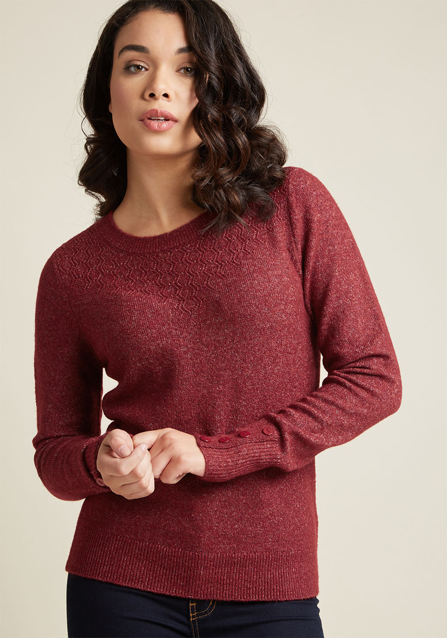 Mcs1148 - Enjoy everything chilly temps have to offer with this burgundy sweater. Part of our ModCloth namesake label, this crew-neck pullover features a diamond-shaped pointelle yoke, buttons at the sleeve cuffs, oh-so-soft knit fabric with marled threads, and all