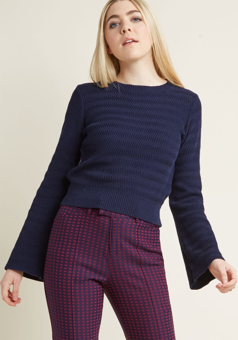 MCS1165 - What you wear says a lot about you, and when it comes to this navy blue sweater, you're more than happy to let such a sweet piece do all the talking! This textured pullover from our ModCloth namesake label projects a message of stylish simplicity with its