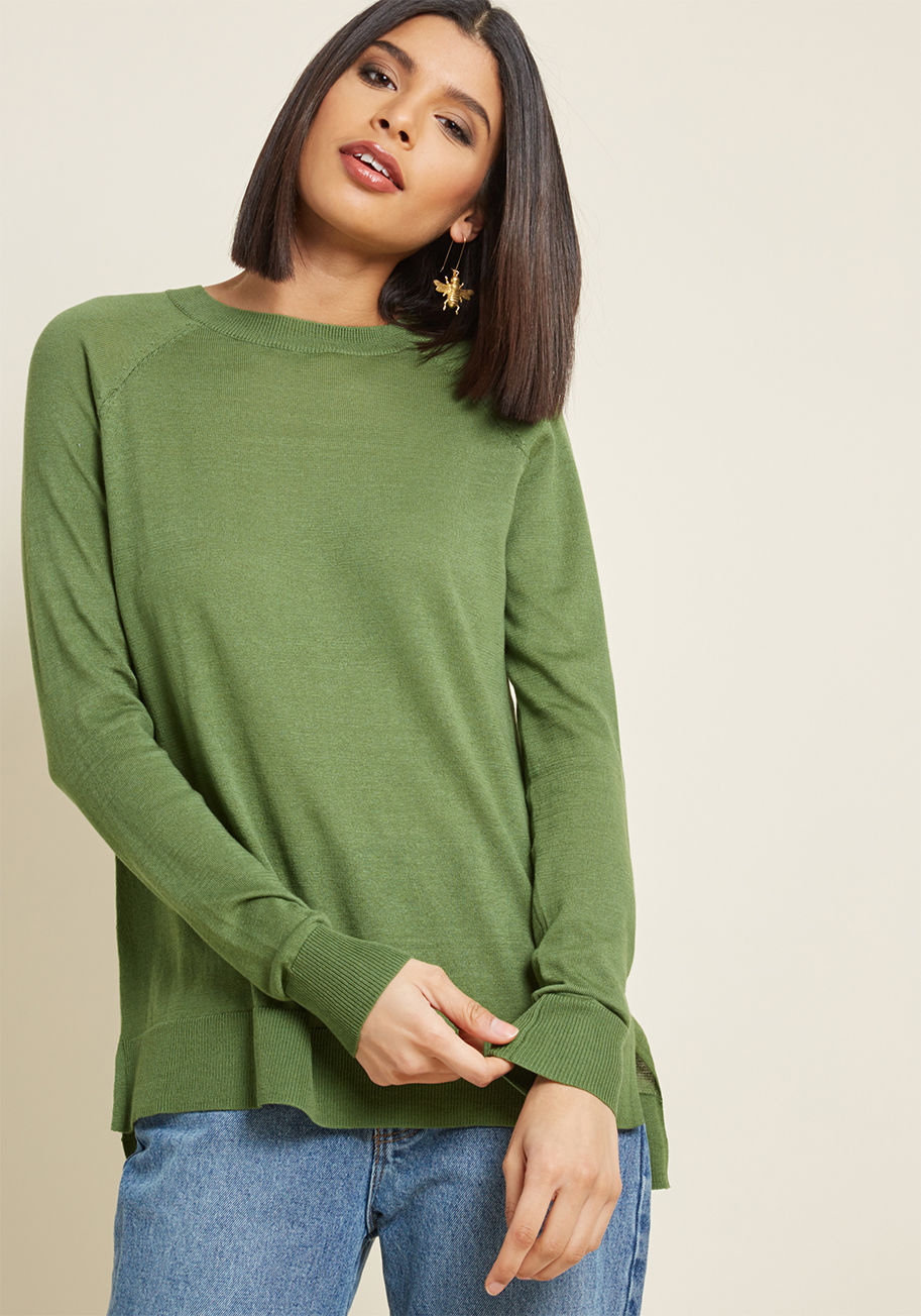 MCS1214 - You bring along a lighthearted vibe everywhere you go, which is undoubtedly inspired by this green knit top! A beautiful basic from our ModCloth namesake label, this breezy, lightweight pullover encourages a go-with-the-flow attitude through its high-low 