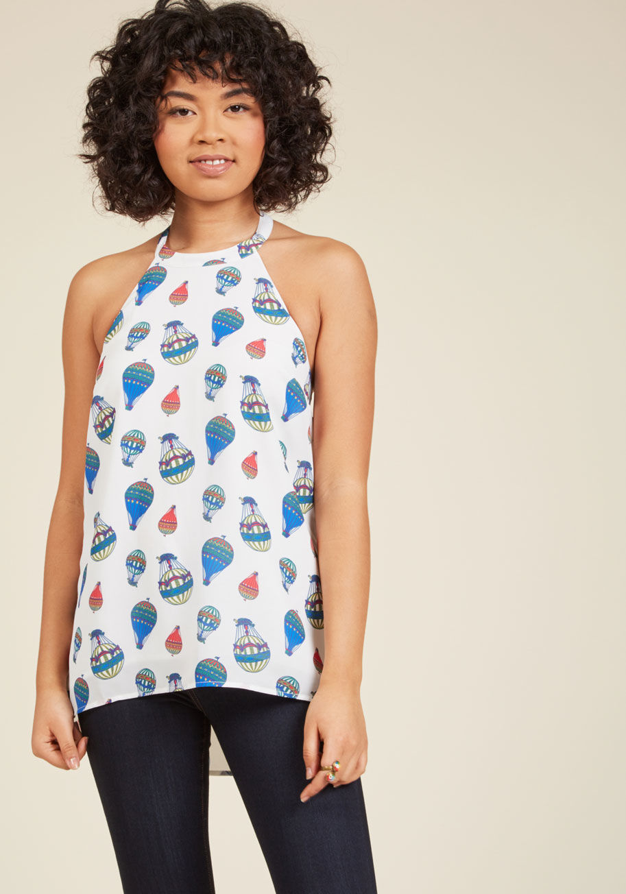 Mct1017a - Prepping for a night on the town, you don this darling halter for an evening of boogieing down! Part of our ModCloth namesake label, this white top flaunts a tie neck, an elasticized back, and a vibrant hot air balloon print that&rsquo;s perfect for a get