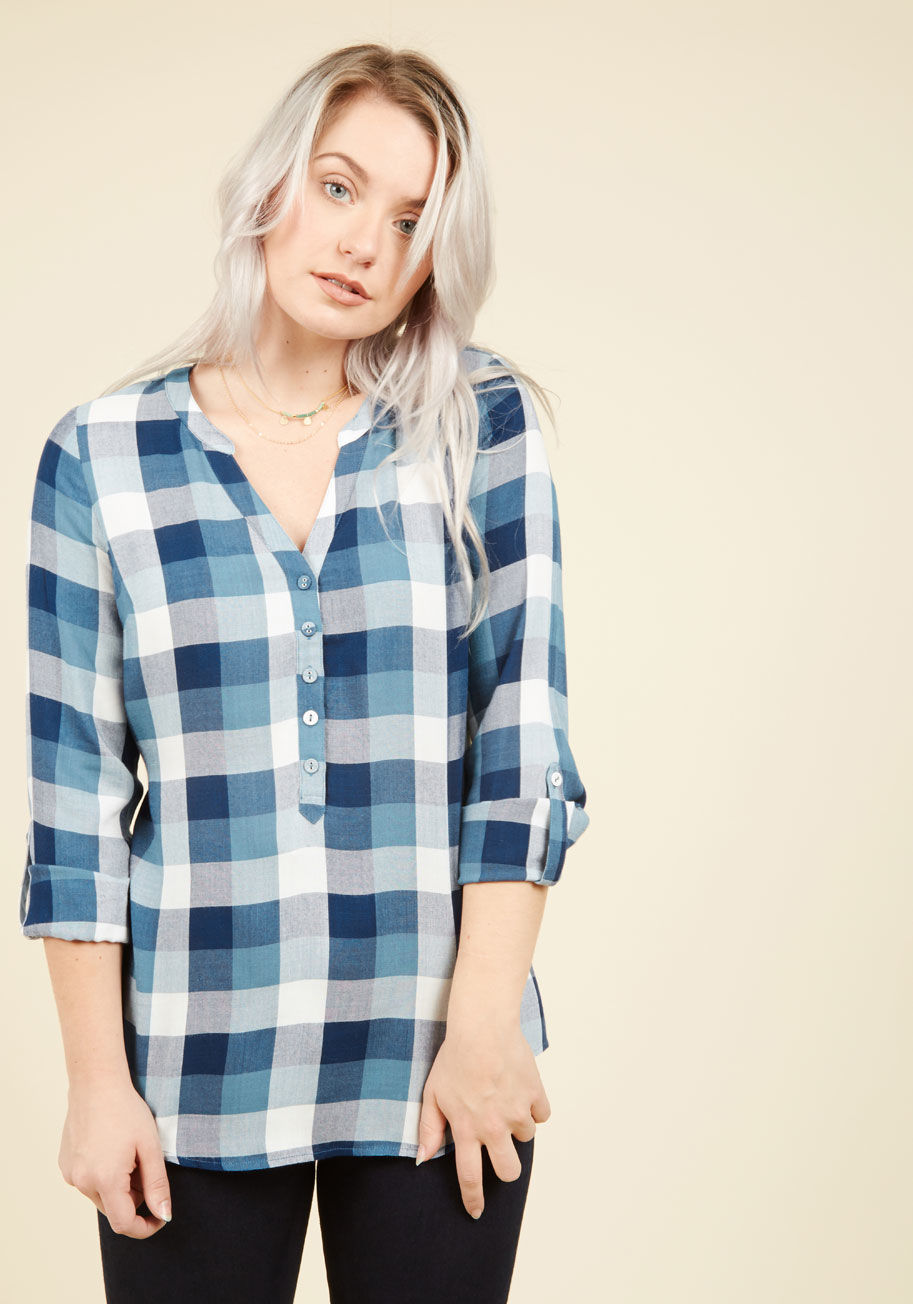 MCT1041 - Anything can happen while wearing this plaid top from our ModCloth namesake label, but one thing is certain - the compliments will pour in! A classic style with a feminine twist, this tab-sleeved blouse offers a spectrum of shades from navy to teal, self 