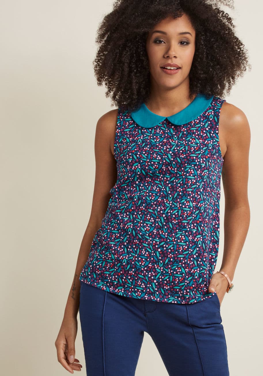 MCT1116B - This leafy floral top is like a basic, but better! Part of our ModCloth namesake label, this navy blue knit expresses lighthearted style with its aqua Peter Pan collar, buttoned back keyhole, and sweet softness. Hello, new favorite!