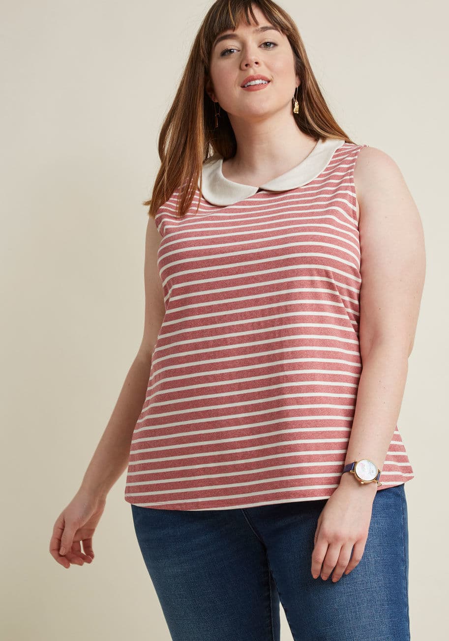 MCT1116C - This striped top is like a basic, but better! Part of our ModCloth namesake label, this muted red knit expresses lighthearted style with its ivory Peter Pan collar, buttoned back keyhole, and sweet softness. Hello, new favorite!