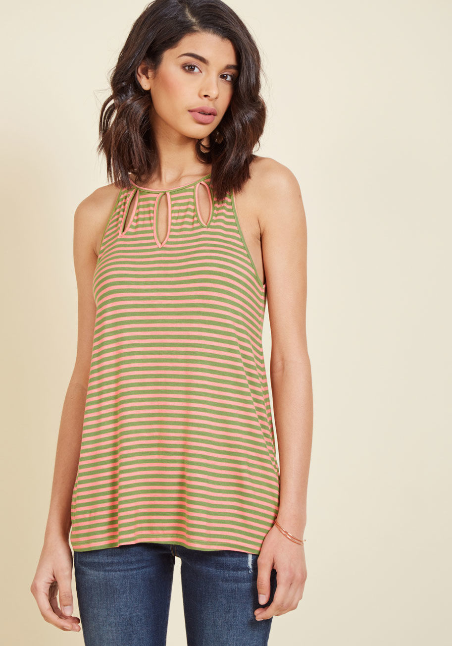 MCT1142 - This jersey knit tank takes the concept of cutouts and capitalizes on their chicness! Part of our ModCloth namesake label, this soft knit style pairs its sextet of almond-shape keyholes with coral and kelly green stripes, making a statement with a casual 