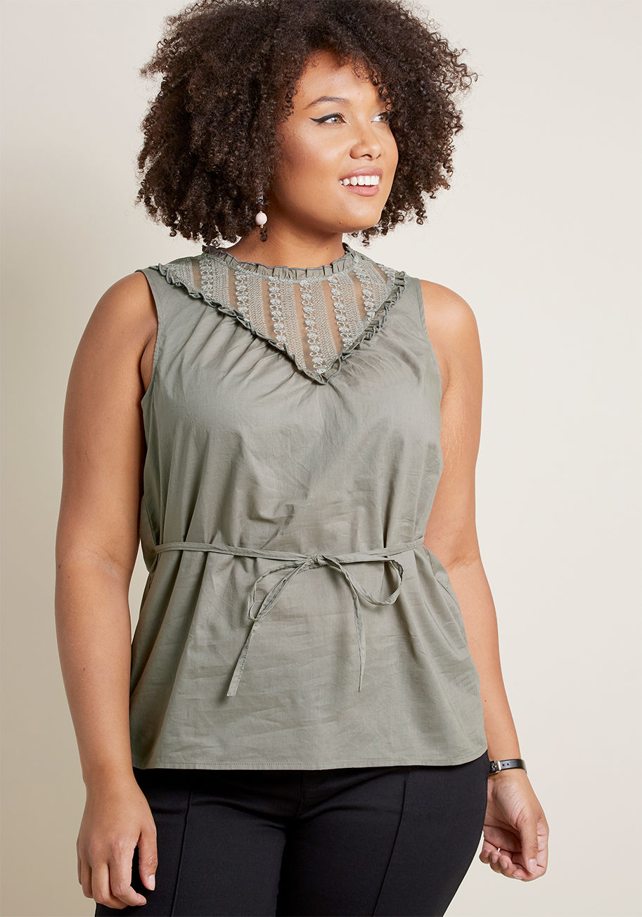 MCT1161 - Picture your perfect day. Imagine the ideal itinerary and the friends you'll invite along - then slip into this slate grey blouse and put your plan into posh action! Part of our ModCloth namesake label, this lightweight cotton top touts an embroidered mes