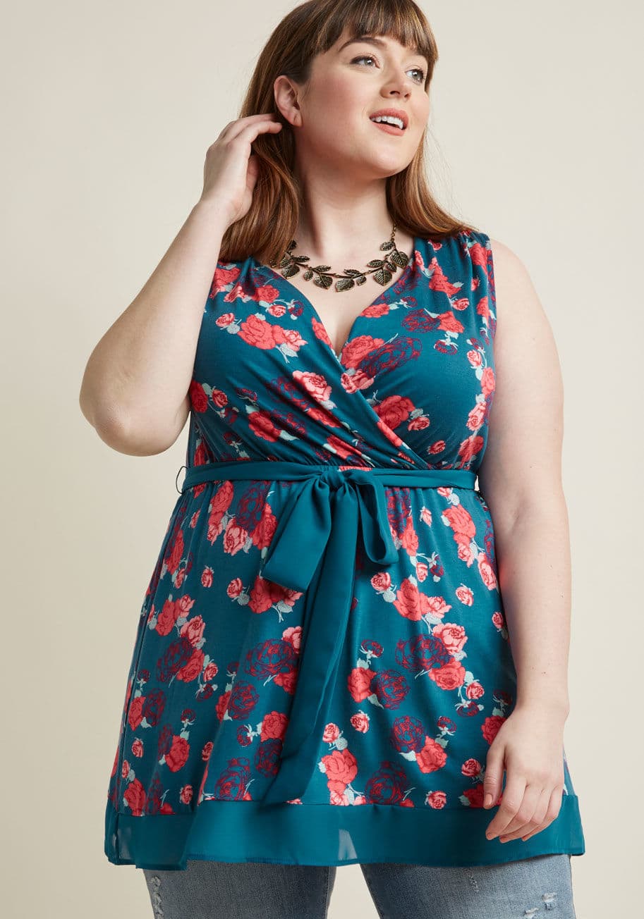 MCT1171E - You can always lean on this deep blue top from our ModCloth namesake label to encourage your confidence! Activating your best self is as easy as slipping into the soft knit fabric of this surplice number, tying its chiffon belt - made to match its sheer h