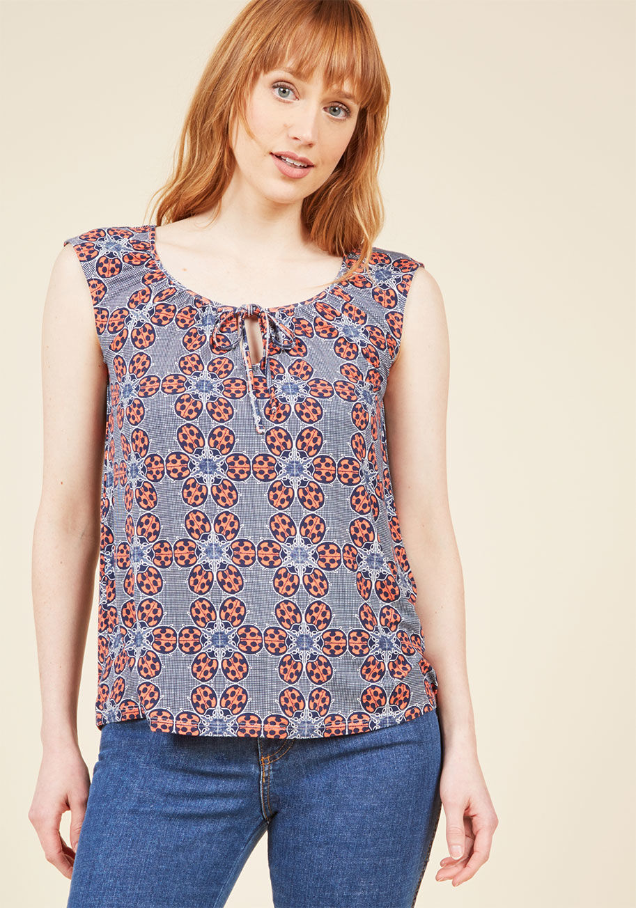 Mct1190a - Every time you rock this navy blue top, your playful personality will be repped by your style! Red and white ladybugs pattern this easy knit from our ModCloth namesake label, while a gathered neckline and a tied front keyhole add adorable touches to your 