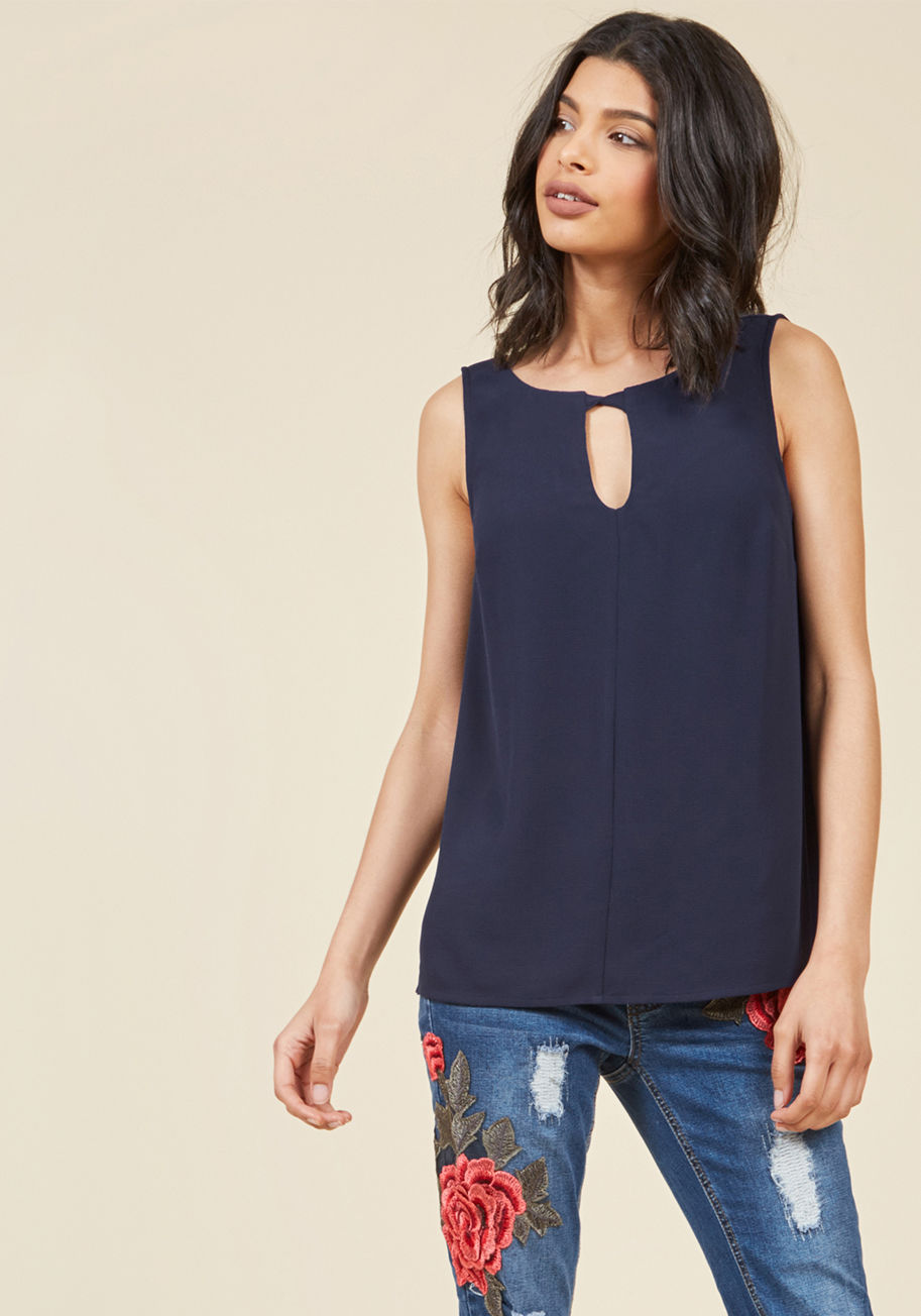 MCT1200 - Your go-to blouse silhouette is getting an incredible update! This navy top from our ModCloth namesake label incorporates the textured crepe fabric and sleek seams you love with twisted accents atop both its front and back keyholes. Classy with added char