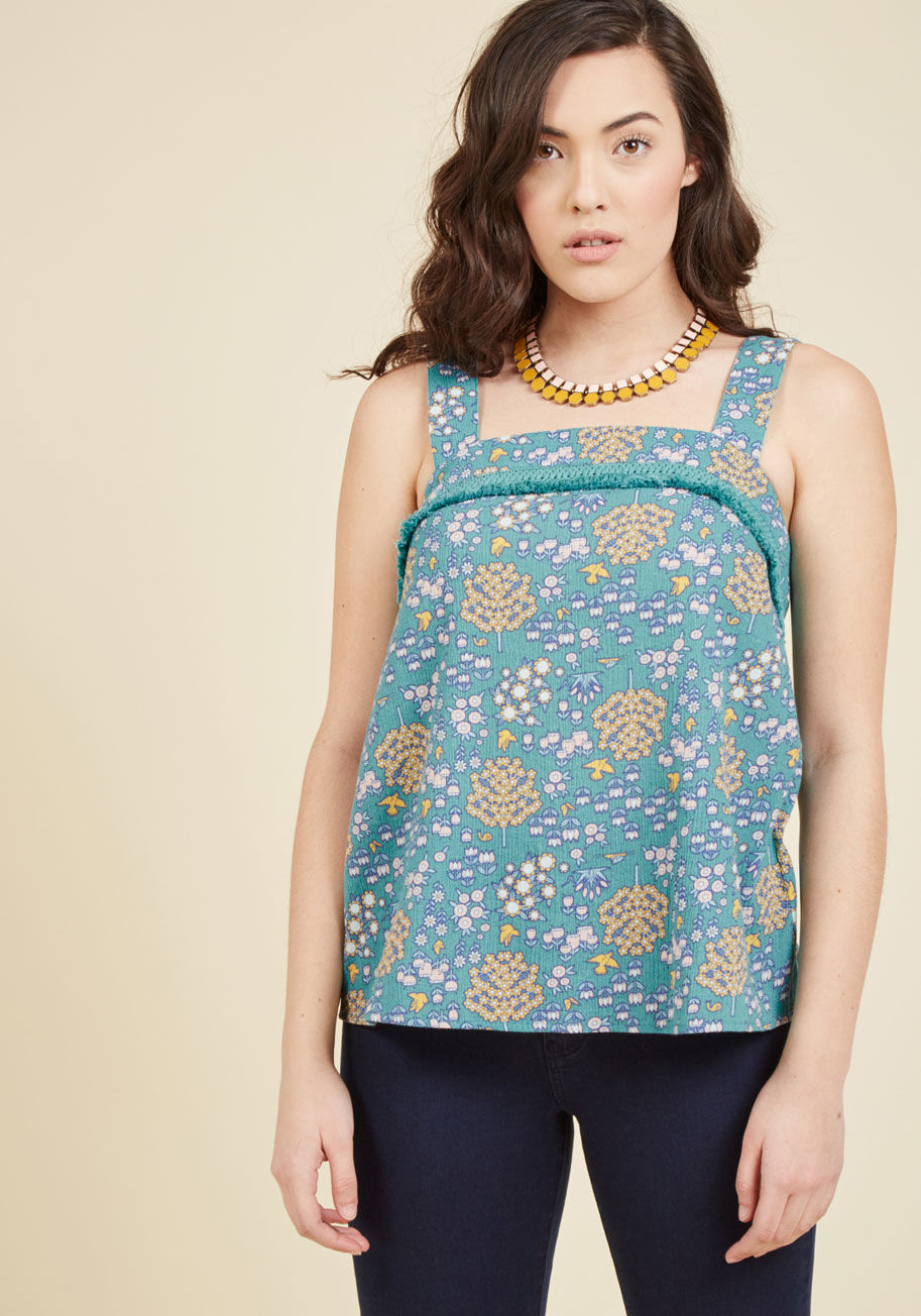 Mct1220 - Candles, bracelets, vases, and scrubs - all these trinkets are lovely, but the most sought-after treasure is your aqua babydoll top - part of our ModCloth namesake label! This boxy boho separate features wide straps that adjust with buttons, cotton fringe