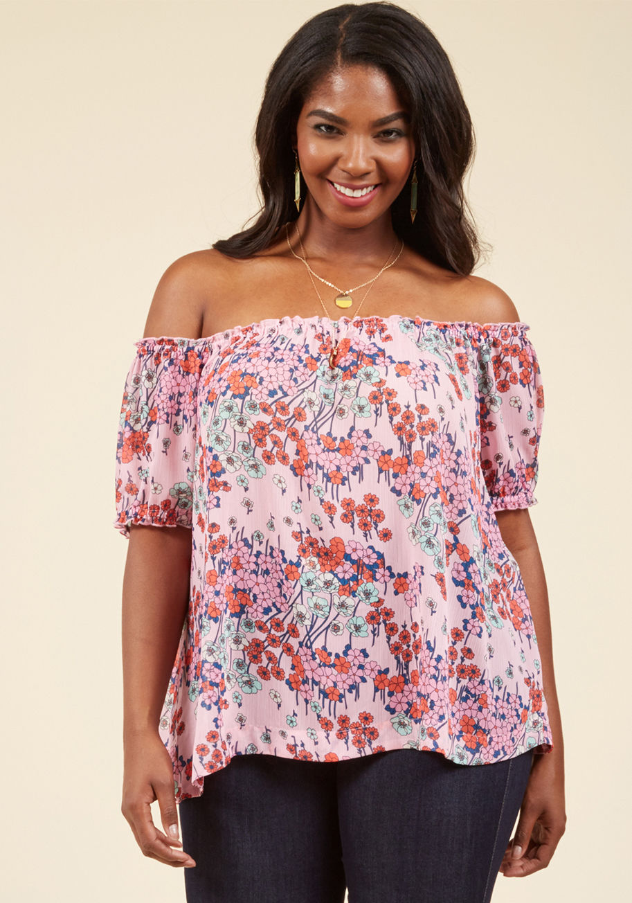 Mct1242 - Your debut of this orchid-colored top is an historically stylish event! Additionally, each new ensemble you sport with this ModCloth namesake label blouse's off-shoulder silhouette, sheer material, and red, pink, and mint garden of flowers will reveal you