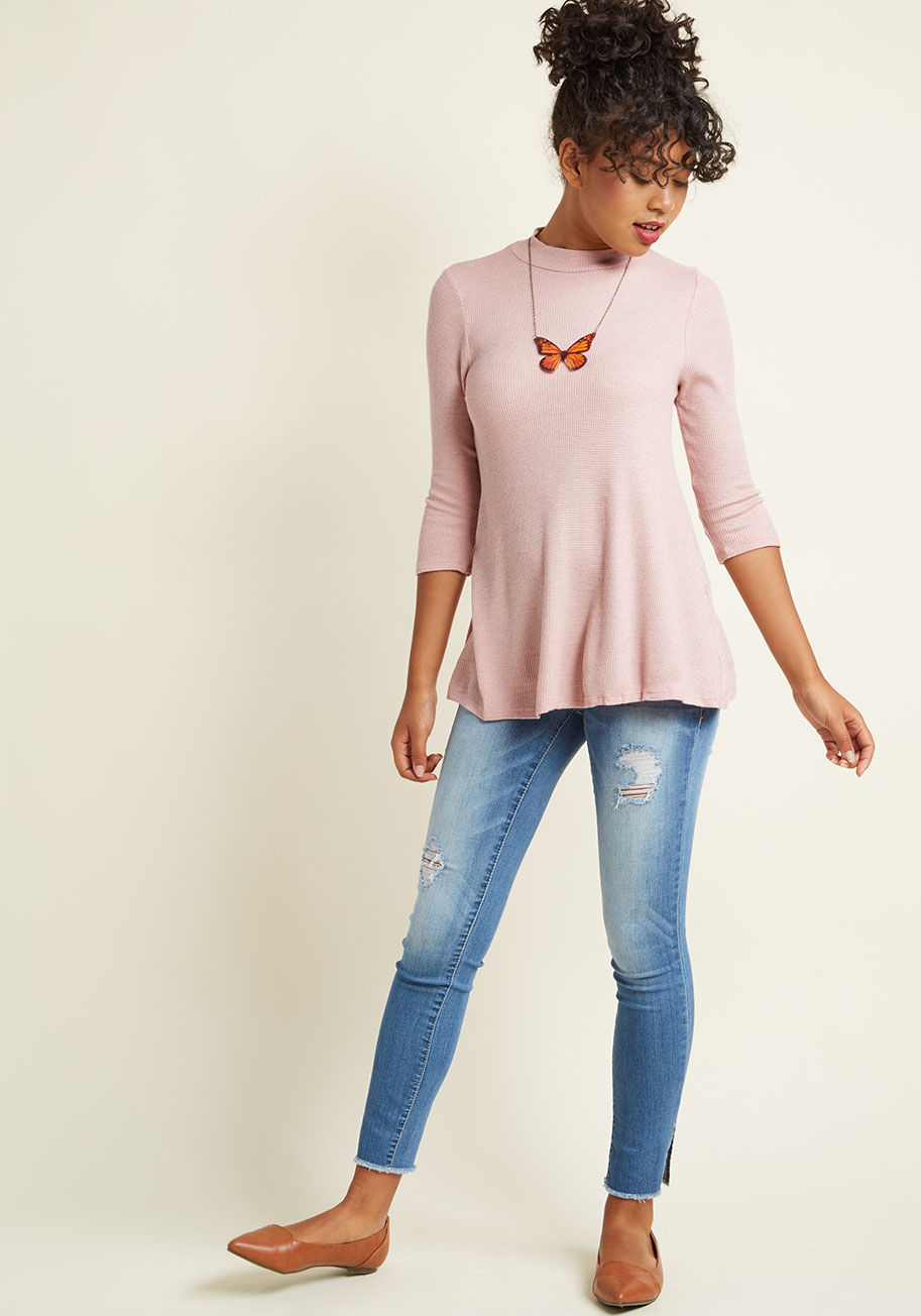 Mct1386 - For the love of layering, make this knit top from our ModCloth namesake label all yours! Pairing up the mock neckline, textured fabric, and cropped sleeves of this dusty rose piece with your treasured garments is a fun, fabulous, and fuss-free way to disc