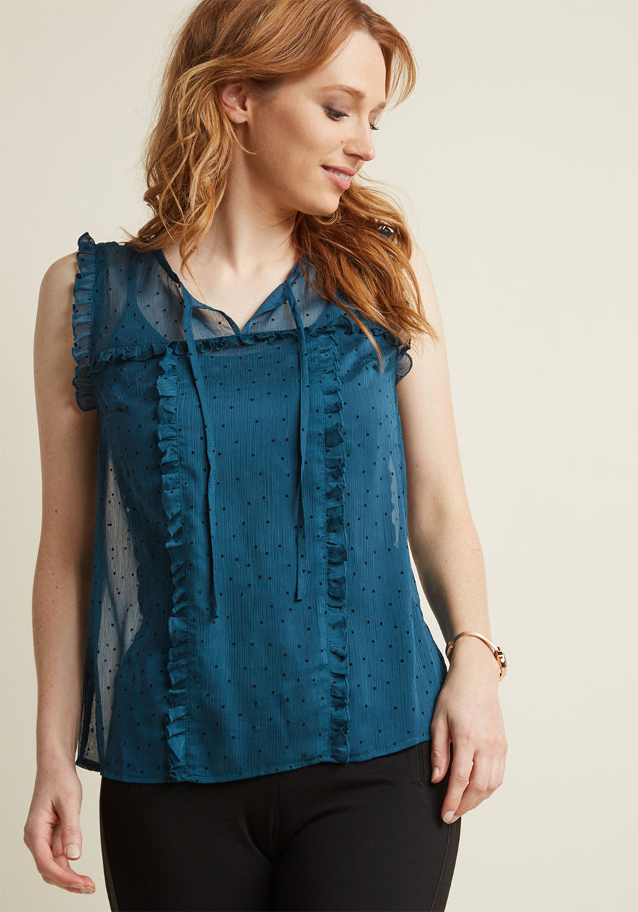 Mct1448 - From the office to the after-party to evenings in, this sheer teal blouse just doesn't quit with the charm! Sporting a tying V-neckline and decorative ruffles, this velvet-pindotted, chiffon top from our ModCloth namesake label will instantly become your 