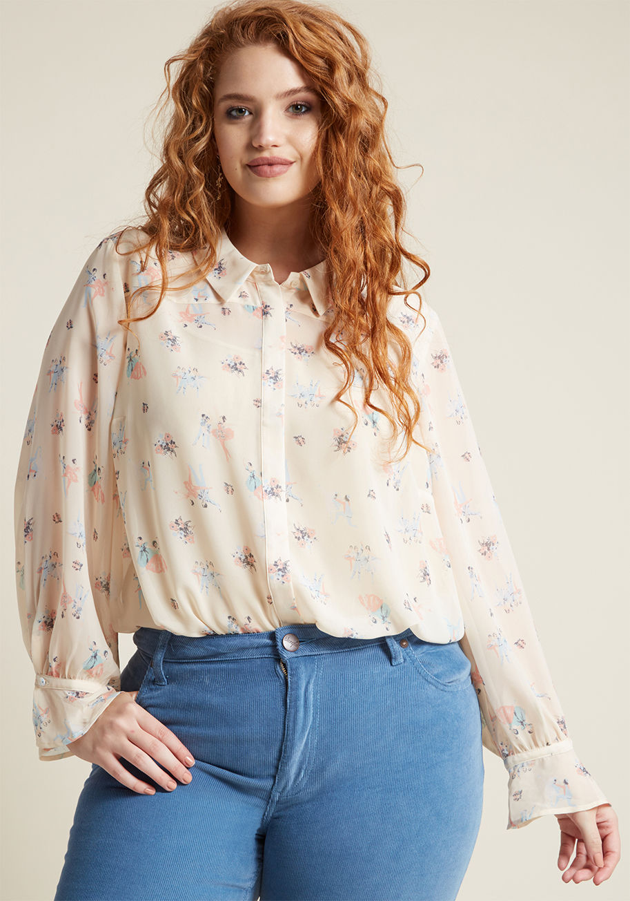 MCT1473B - Your wardrobe is craving a blouse update, and this ivory top from our ModCloth namesake label is here to satisfy! From its hidden button placket to its bishop sleeves, flounced cuffs, and ballet-and-bouquet pattern, this chiffon top provides the necessary