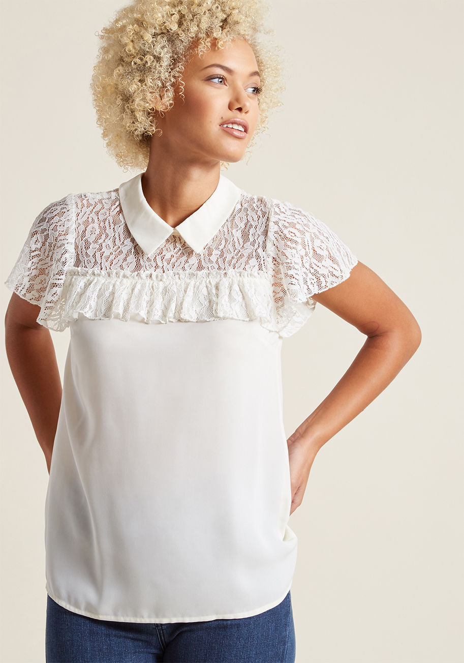 Mct1481 - Your day brim with delight should you begin it by donning this ivory top. Part of our ModCloth namesake label, this woven blouse touts a collared neckline, lace illusion details, and ruffly sleeves that are certain to bring a smile to your face!