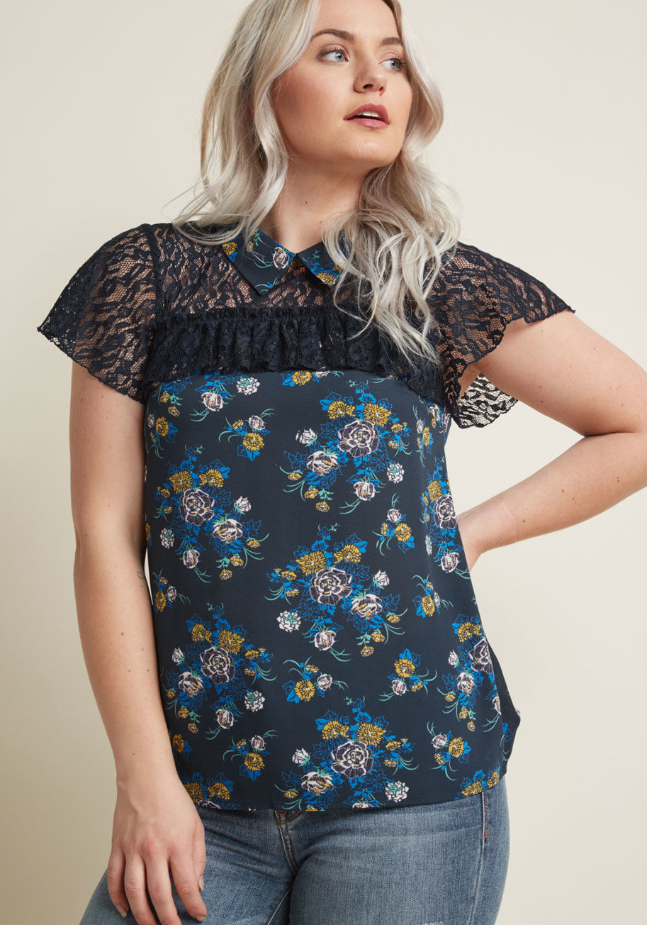 Mct1481a - Your day brim with delight should you begin it by donning this navy blue top. Part of our ModCloth namesake label, this floral blouse touts a collared neckline, lace illusion details, and ruffly sleeves that are certain to bring a smile to your face!