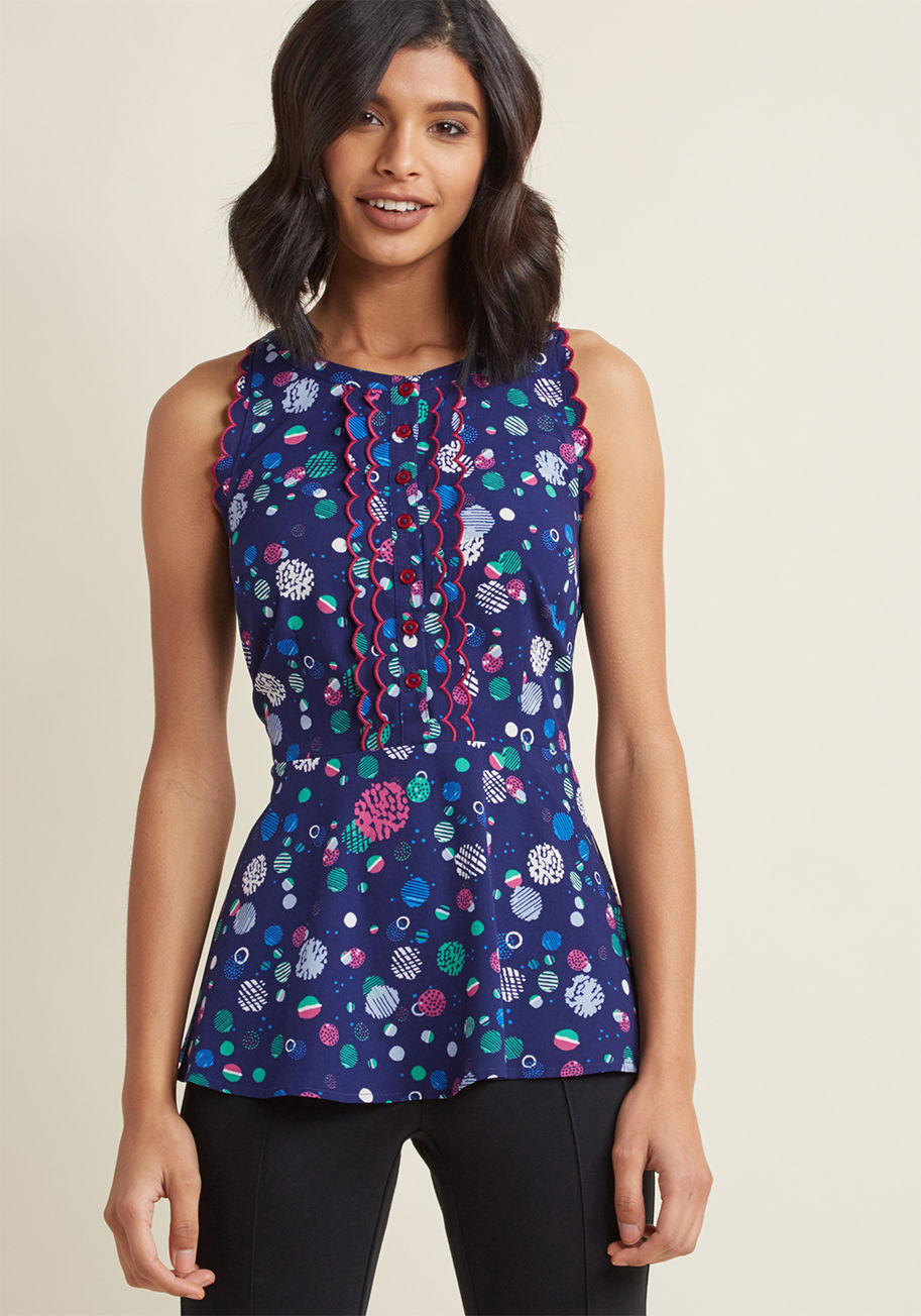 MCT1502A - This sleeveless blouse's playful peplum hem will give you a whole lot of ensemble mileage! Fearless for office outfits and fun for weekend gatherings alike, this midnight blue tank top touts sky, green, fuchsia, and white dots with patterns of their own, 