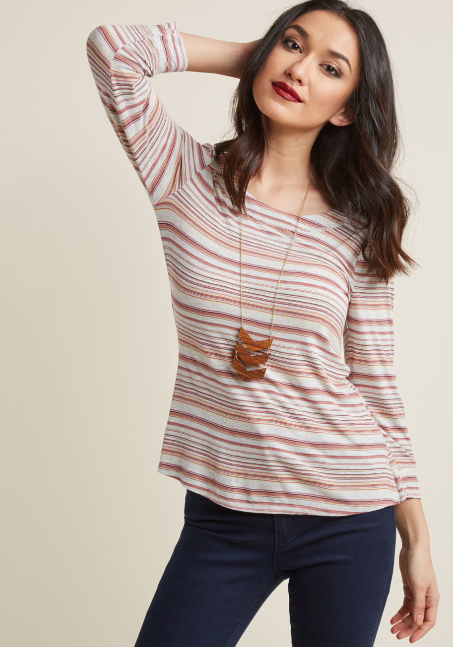 MCT1513 - This lightweight knit top is one of those everyday ensemble elements that makes an average afternoon feel special! Its elegantly open neckline, sweet 3/4-length sleeves, and vented sides are just the start - the warm-toned stripes of this heather grey shi