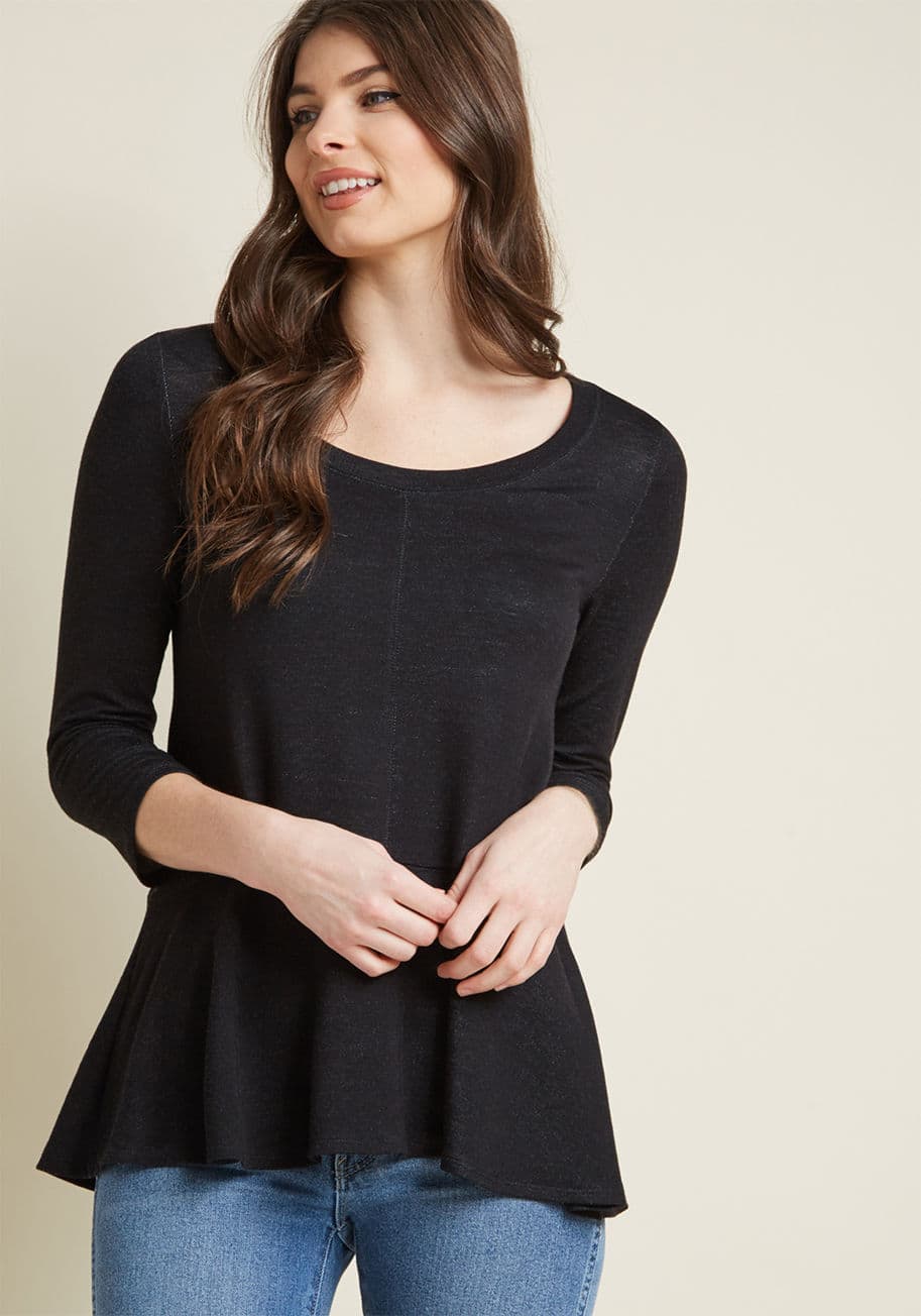 MCT1515 - Kick your casualwear up a notch with this grey top from our ModCloth namesake label! Unbelievably soft, detailed with 3/4-sleeves, and finished off with a feminine peplum, this comfy-chic piece was made for days spent doing as you please.